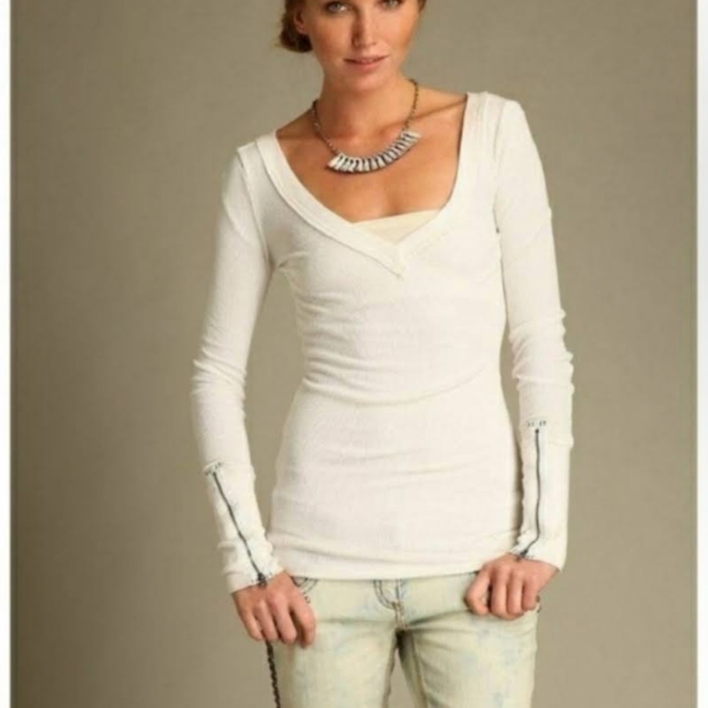 Free people zipper zip cuff thermal waffle top long sleeve top